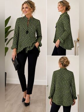 Joseph Ribkoff green black printed asymmetrical blazer jacket Sz 8